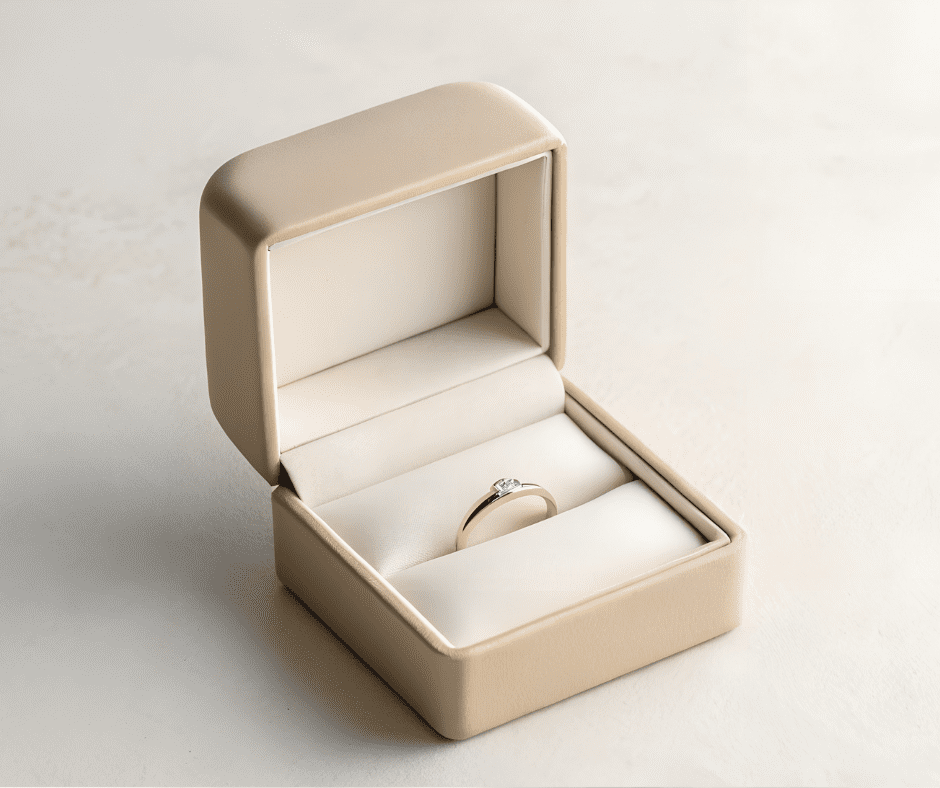 Pora kartu išsirenka sužadėtuvių žiedą juvelyrikos salone, simbolizuojant šiuolaikinį požiūrį į meilę.